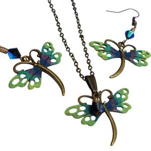Handmade Dragonfly Necklace and Earrings Set Painted Boho Butterfly Jewelry